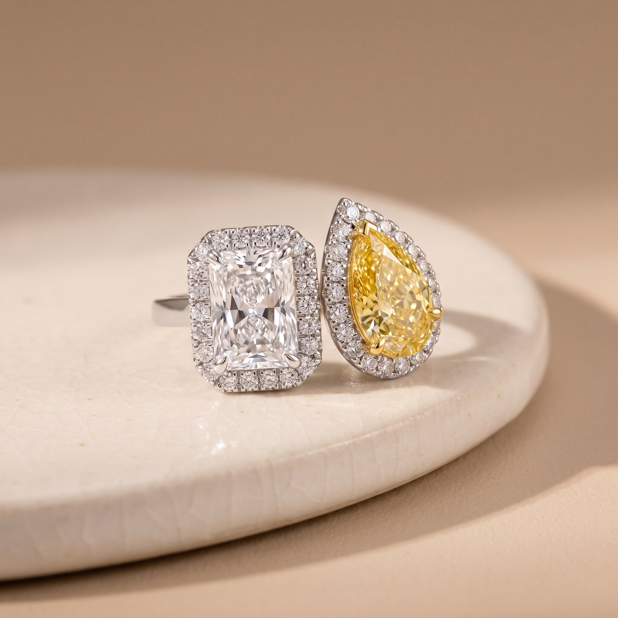 3Cttw Radiant Shaped Lab Grown Diamond (F/VVS) Toi et Moi Fashion Engagement Ring in 14K Gold