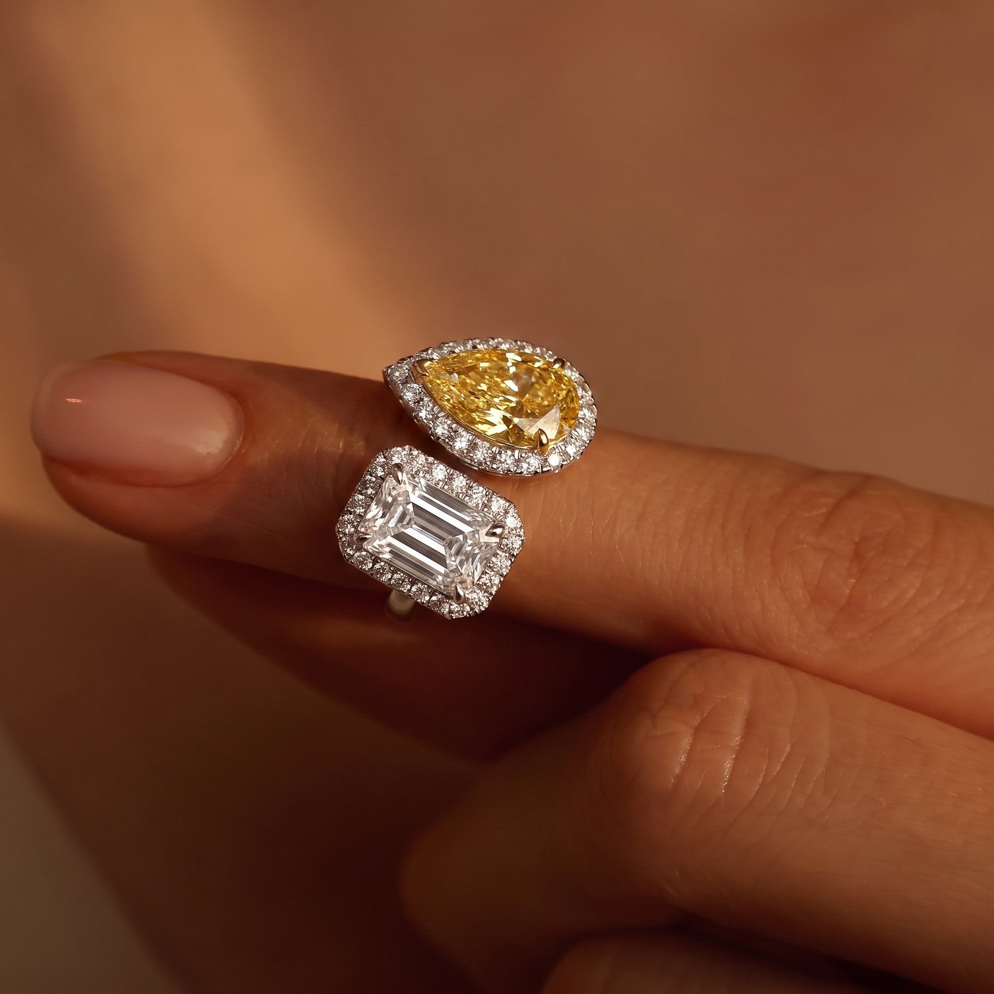 3Cttw Radiant Shaped Lab Grown Diamond (F/VVS) Toi et Moi Fashion Engagement Ring in 14K Gold