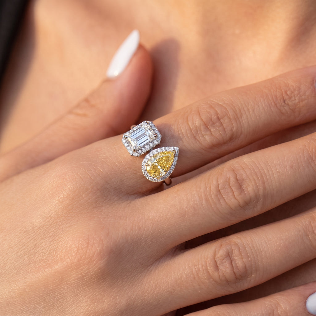 3Cttw Radiant Shaped Lab Grown Diamond (F/VVS) Toi et Moi Fashion Engagement Ring in 14K Gold