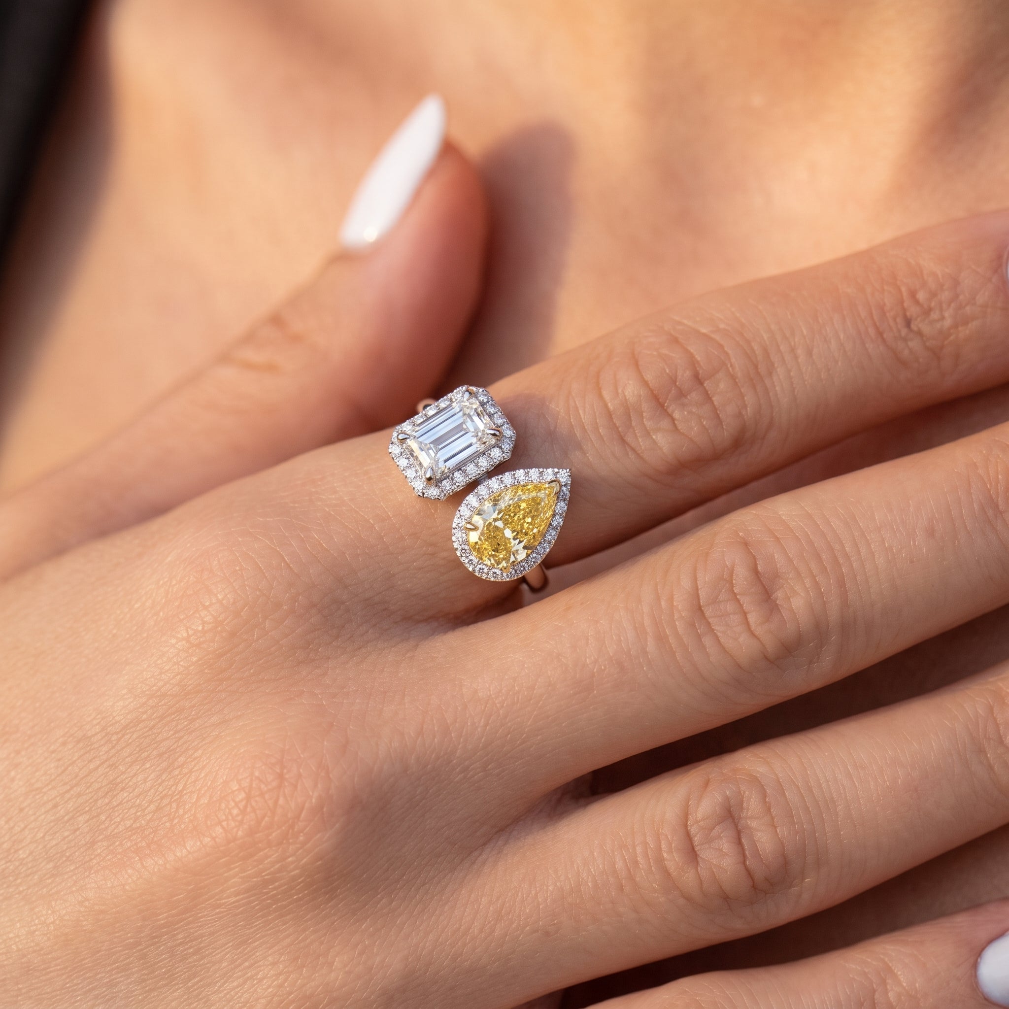 3Cttw Radiant Shaped Lab Grown Diamond (F/VVS) Toi et Moi Fashion Engagement Ring in 14K Gold