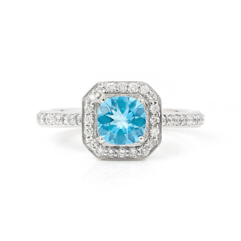 Natural Blue Paraiba Apatite Cushion Halo Ring, Lab grown diamond paraiba ring, Round cut paraiba ring
