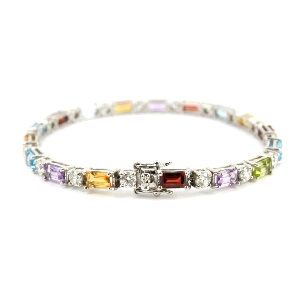 Natural Multi Gemstone Rainbow Silver Bracelet 8 inches