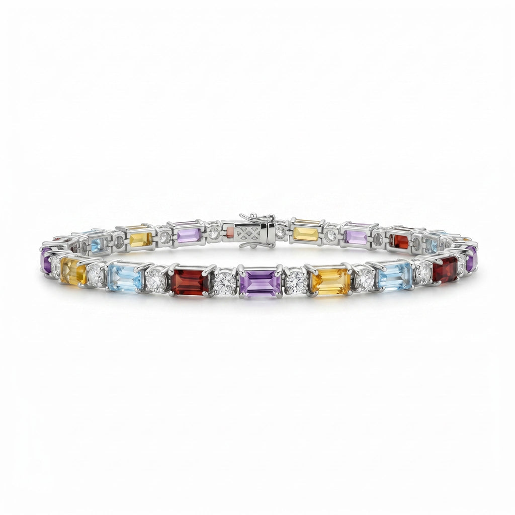 Natural Multi Gemstone Rainbow Silver Bracelet 8 inches