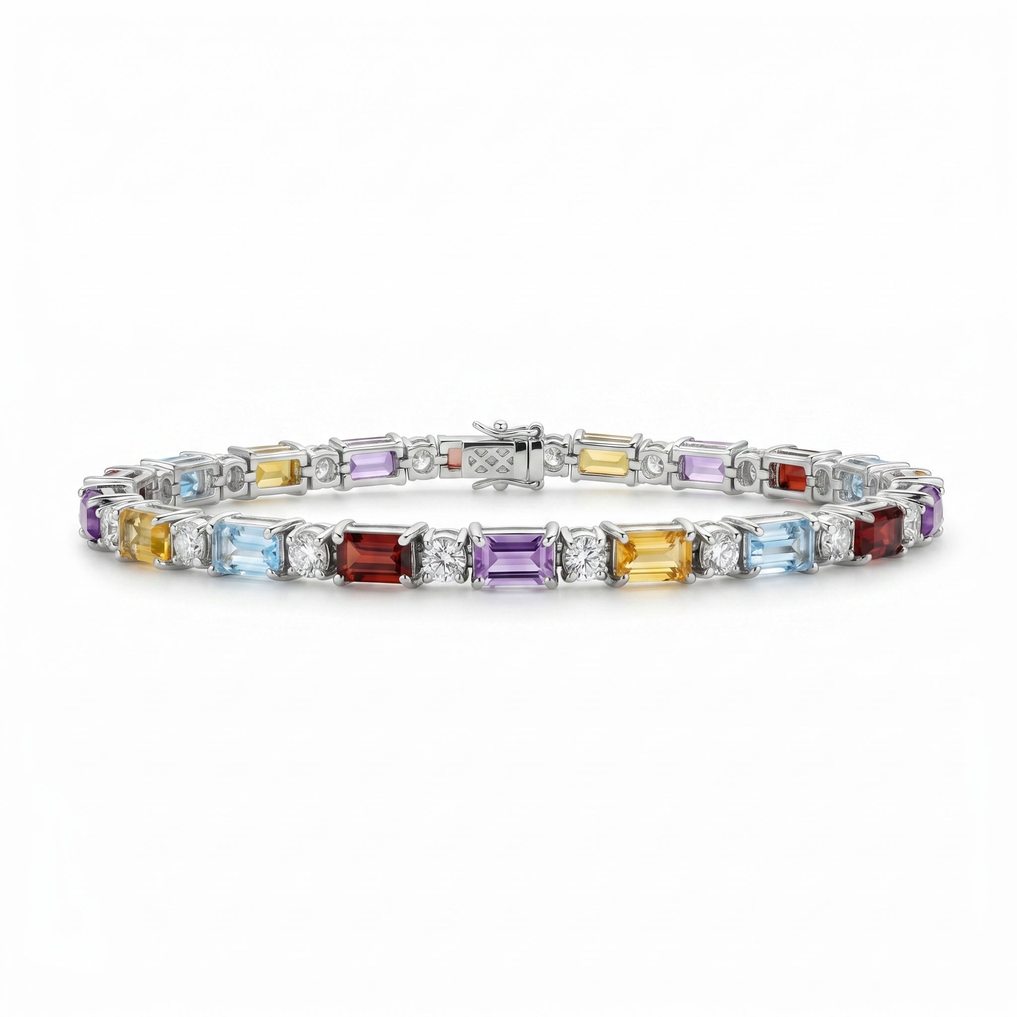 Natural Multi Gemstone Rainbow Silver Bracelet 8 inches