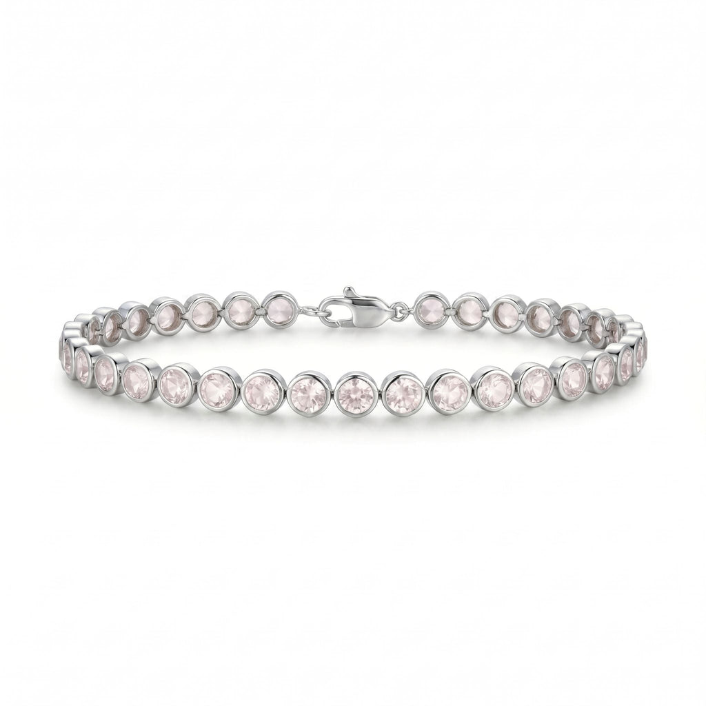 Natural Round Rose Quartz Bezel Tennis Silver Bracelet 7.5 inches