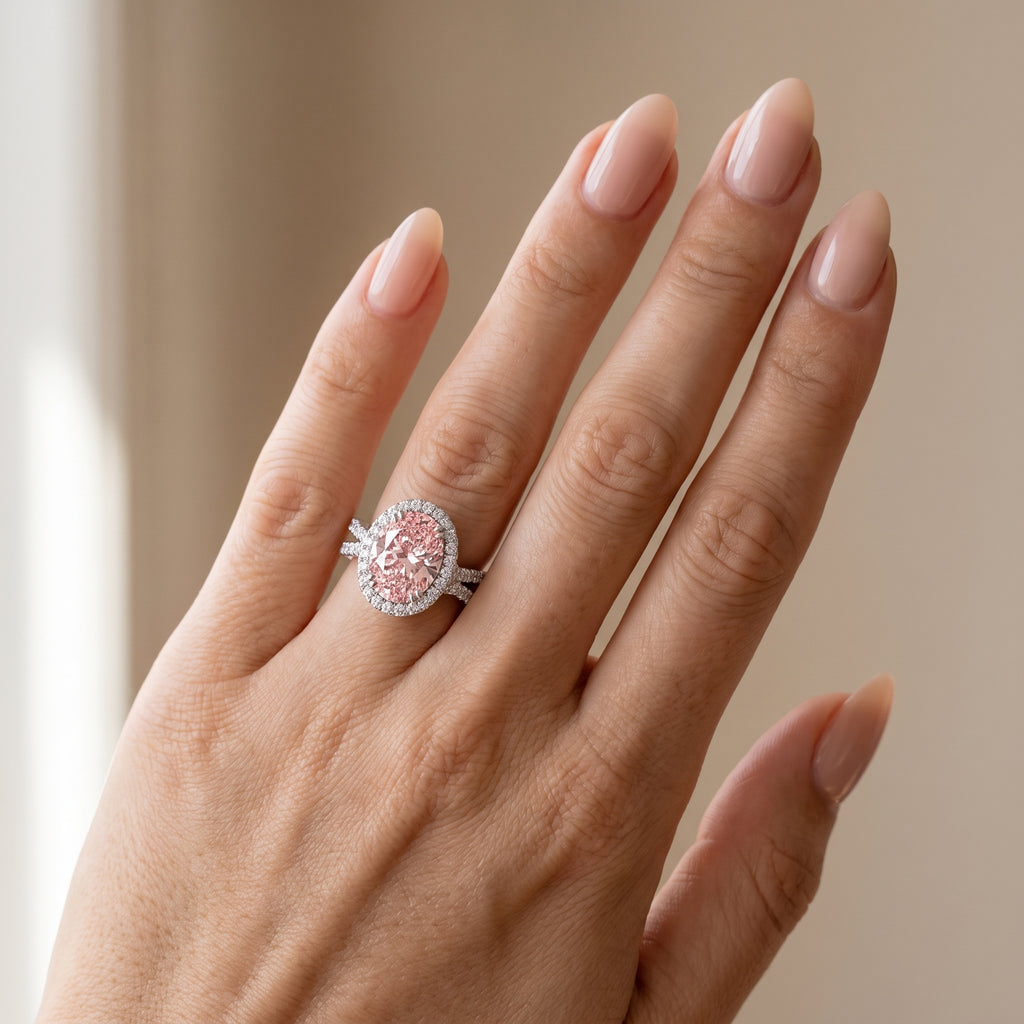 4Cttw Oval Shaped Pink Lab Grown Diamond (F/VS) Split Shank Halo Engagement Ring in 14K Gold