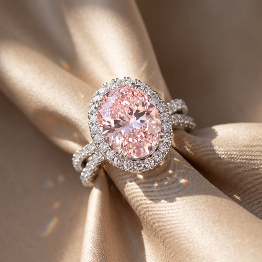 4Cttw Oval Shaped Pink Lab Grown Diamond (F/VS) Split Shank Halo Engagement Ring in 14K Gold