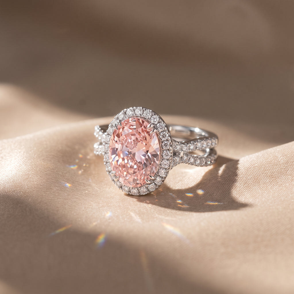 4Cttw Oval Shaped Pink Lab Grown Diamond (F/VS) Split Shank Halo Engagement Ring in 14K Gold