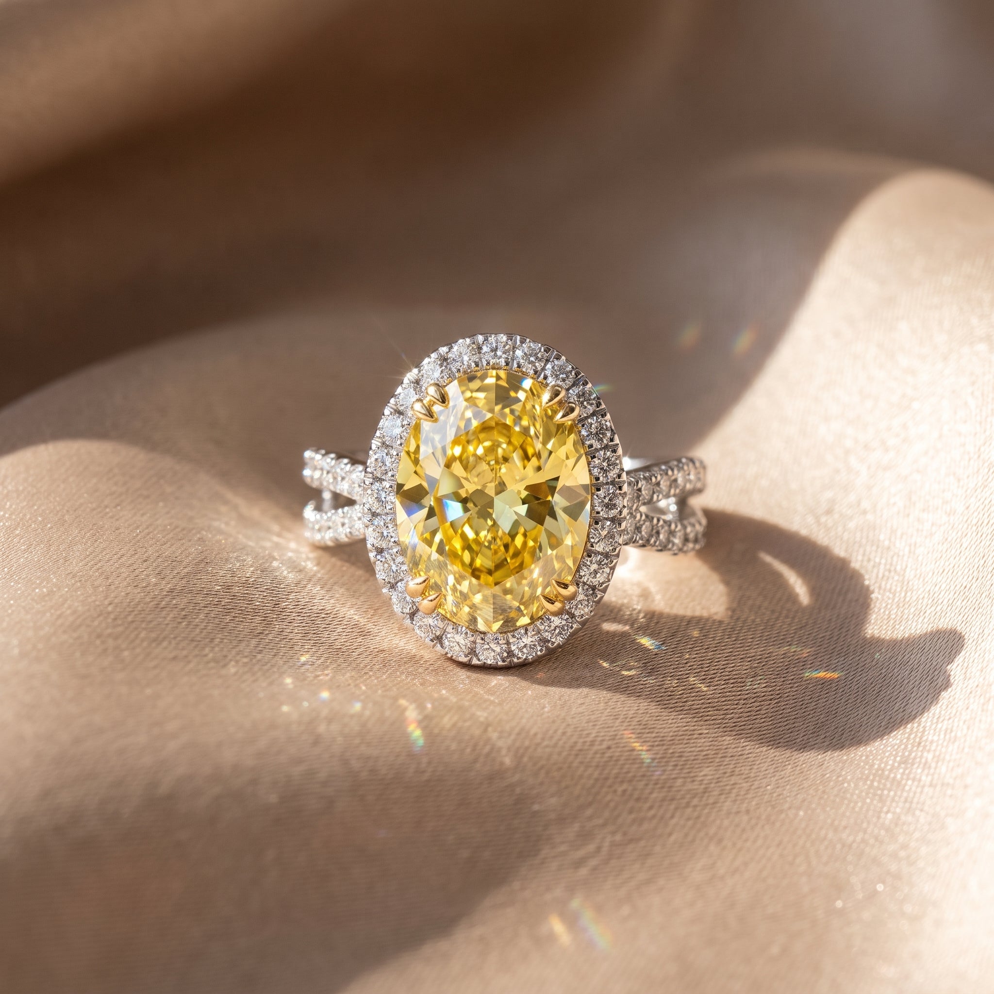 4Cttw Oval Shaped Yellow Lab Grown Diamond (F/VS) Split Shank Halo Engagement Ring in 14K Gold