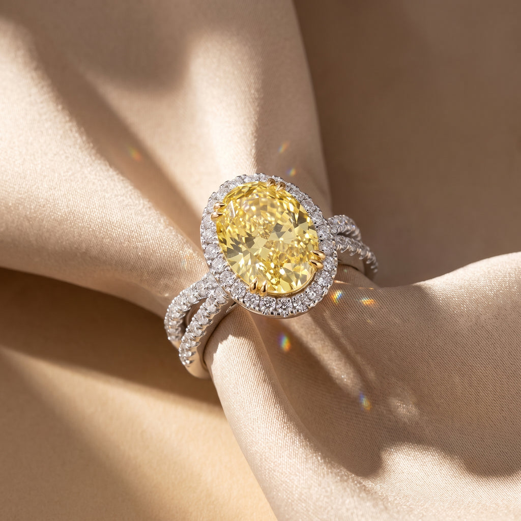 4Cttw Oval Shaped Yellow Lab Grown Diamond (F/VS) Split Shank Halo Engagement Ring in 14K Gold