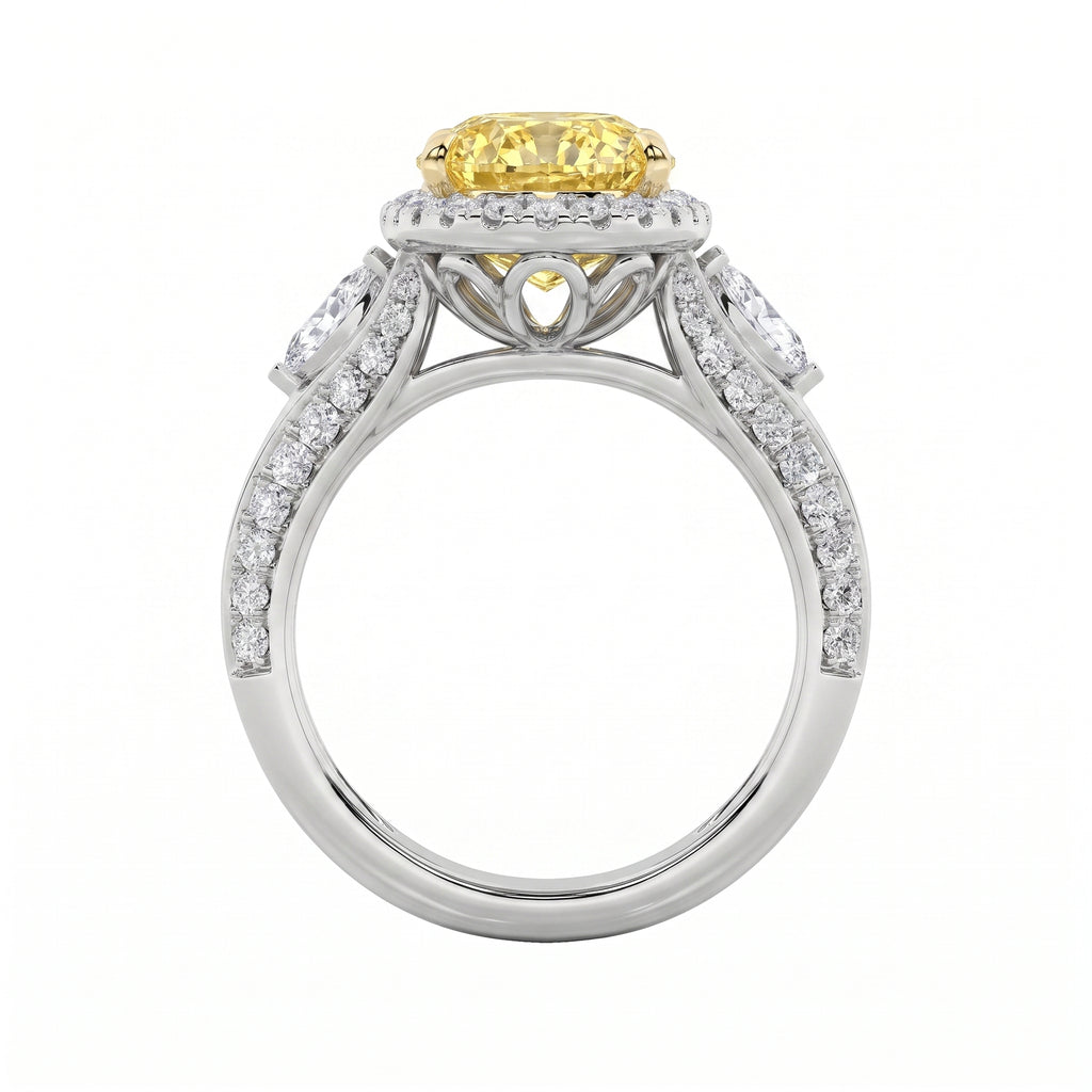 3Cttw Oval Shaped Yellow Lab Grown Diamond (F/VS) Three Stone Halo Engagement Ring in 14K Gold