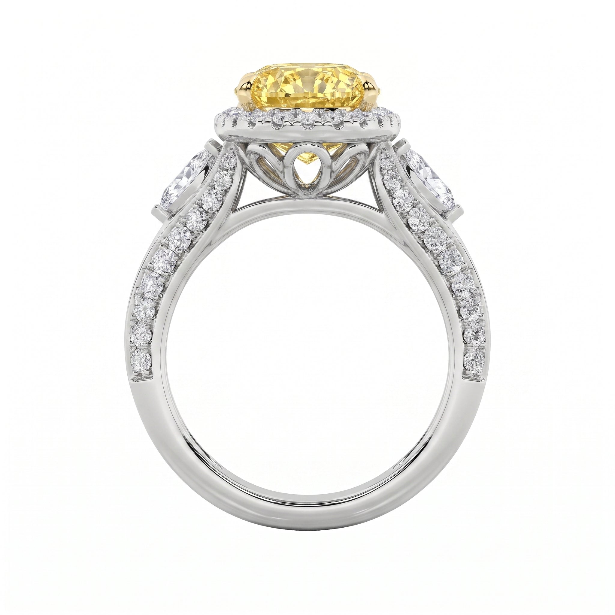 3Cttw Oval Shaped Yellow Lab Grown Diamond (F/VS) Three Stone Halo Engagement Ring in 14K Gold