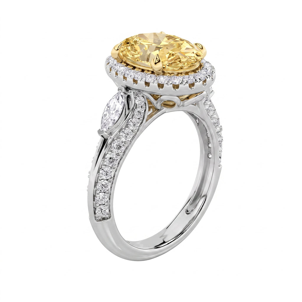 3Cttw Oval Shaped Yellow Lab Grown Diamond (F/VS) Three Stone Halo Engagement Ring in 14K Gold