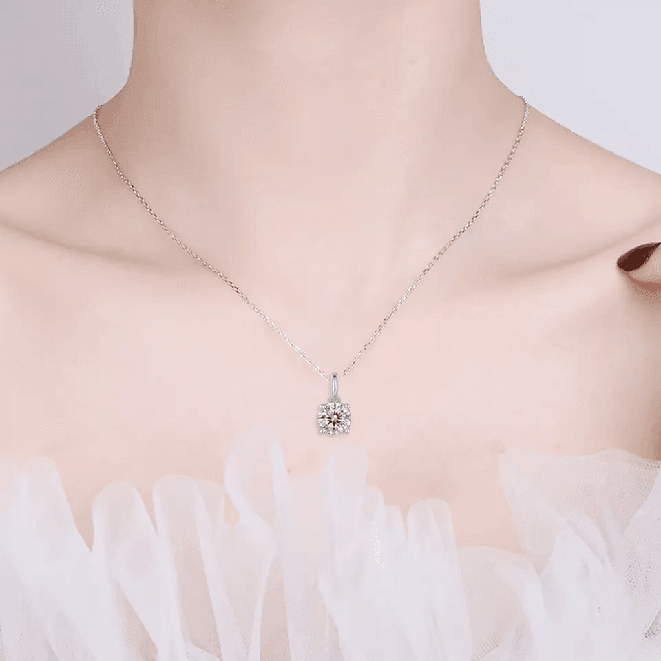 model showcasing White Solitaire Pendant Necklace Moissanite Minimalist Necklace  - FineColorJewels