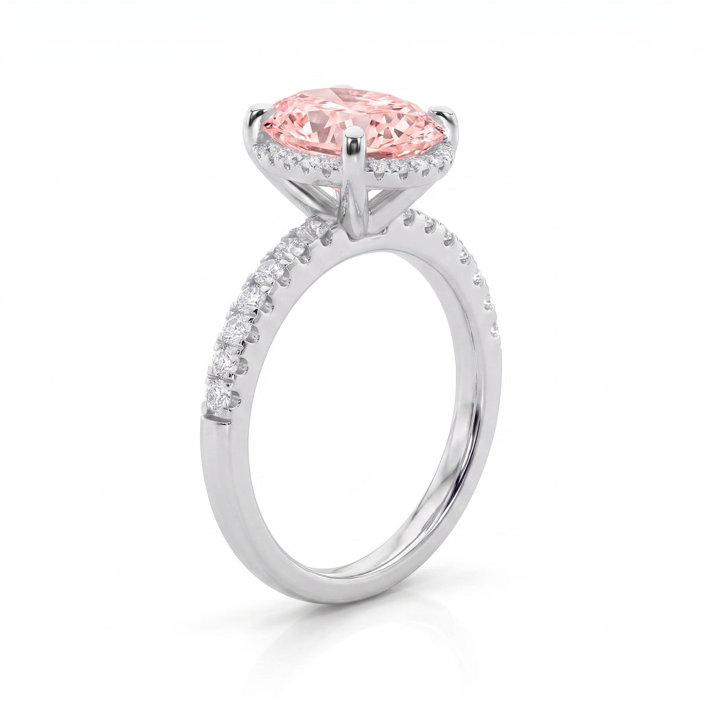 2Cttw Oval Shaped Pink Lab Grown Diamond (F/VS) Halo Accented Engagement Ring in 14K Gold