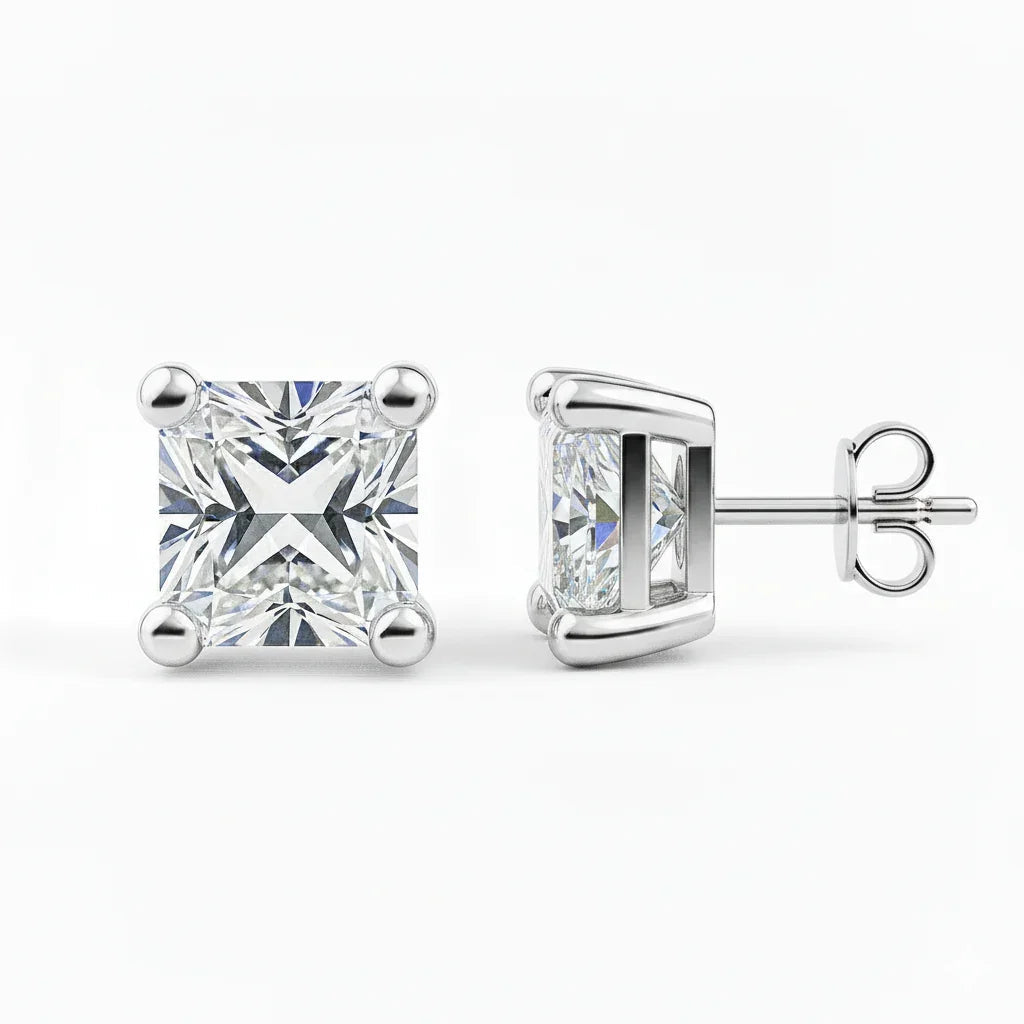 IGI Certified Princess Cut Lab Grown Diamond Solitaire Stud Earrings White Gold - Fine Diamond