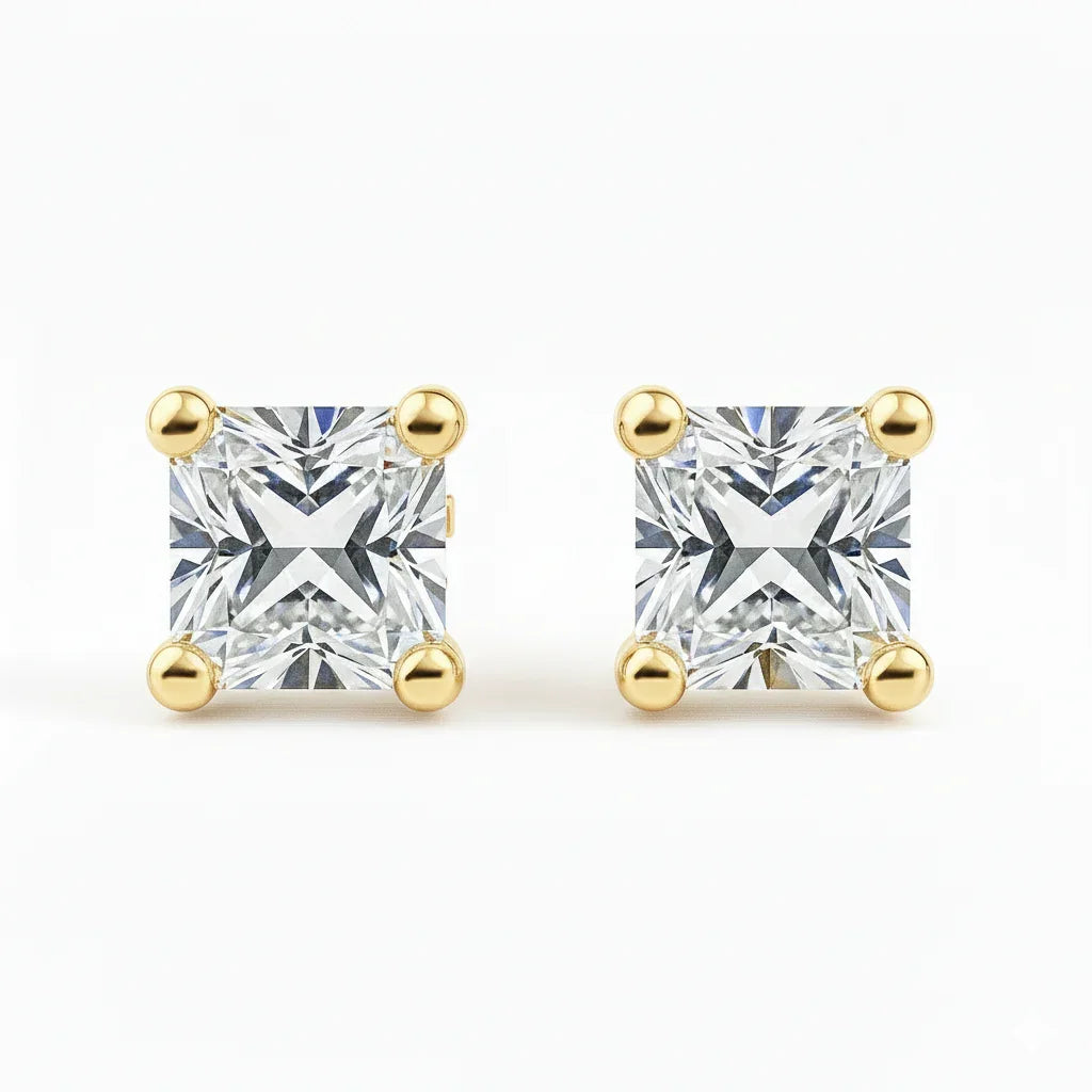 IGI Certified Princess Cut Lab Grown Diamond Solitaire Stud Earrings Yellow Gold - Fine Diamond
