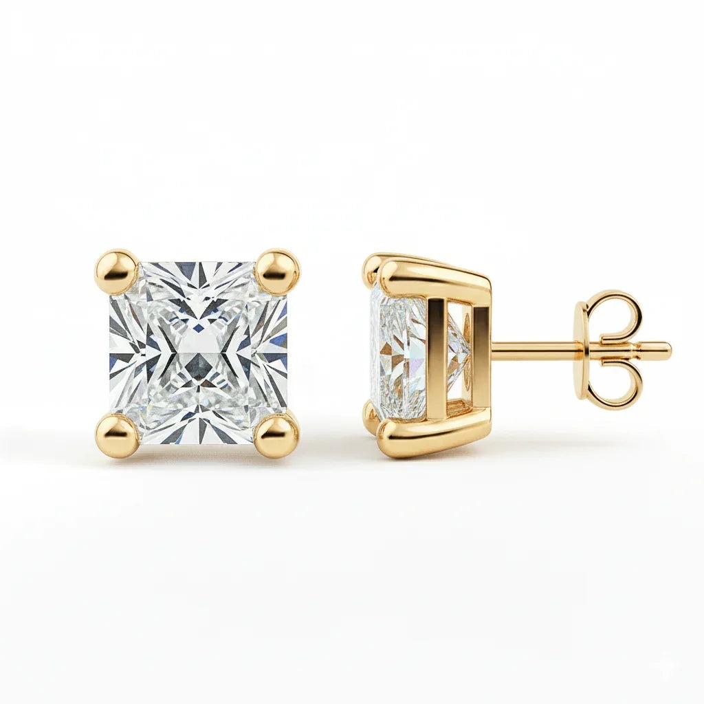 IGI Certified Princess Cut Lab Grown Diamond Solitaire Stud Earrings Yellow Gold - Fine Diamond
