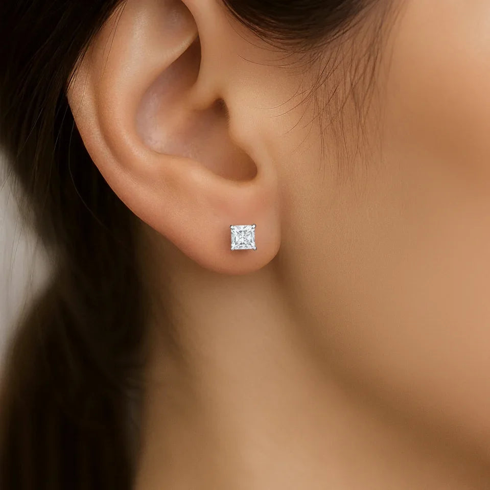 IGI Certified Princess Cut Lab Grown Diamond Solitaire Stud Earrings White Gold - Fine Diamond