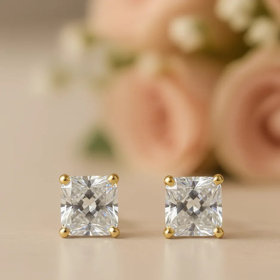 IGI Certified Princess Cut Lab Grown Diamond Solitaire Stud Earrings Yellow Gold - Fine Diamond