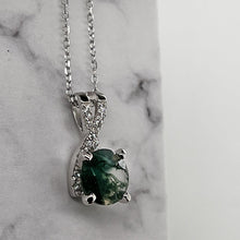 Load image into Gallery viewer, Photo of Green Agate Pendant  Green Agate Pendant Necklace with Cubic Zirconia Accents Gemini Zodiac Gift for Women Minimalist Green Moss Agate Jewelry Gift for Her