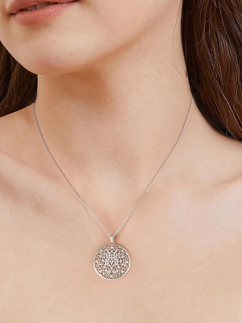 model showcasing Filigree Pendant Lace Necklace Round Statement Necklace Sterling Silver Circular Pendant Flower of Life Moissanite Necklace - FineColorJewels