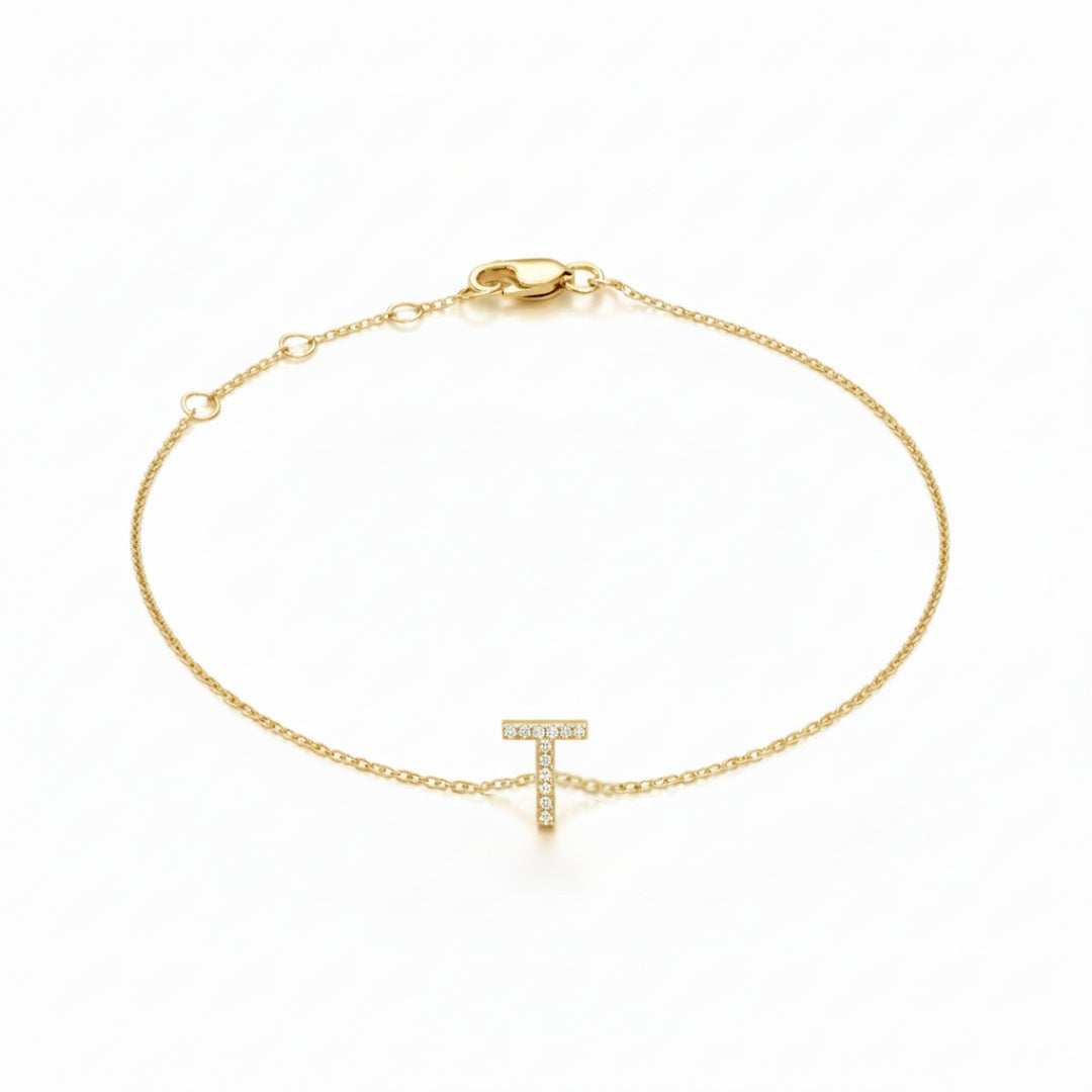 Mini Block Initial Diamond Bracelet Gold