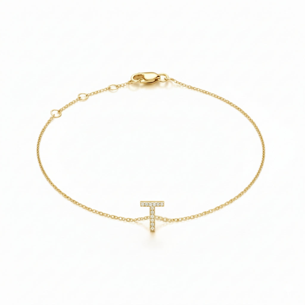 Mini Block Initial Diamond Bracelet Gold