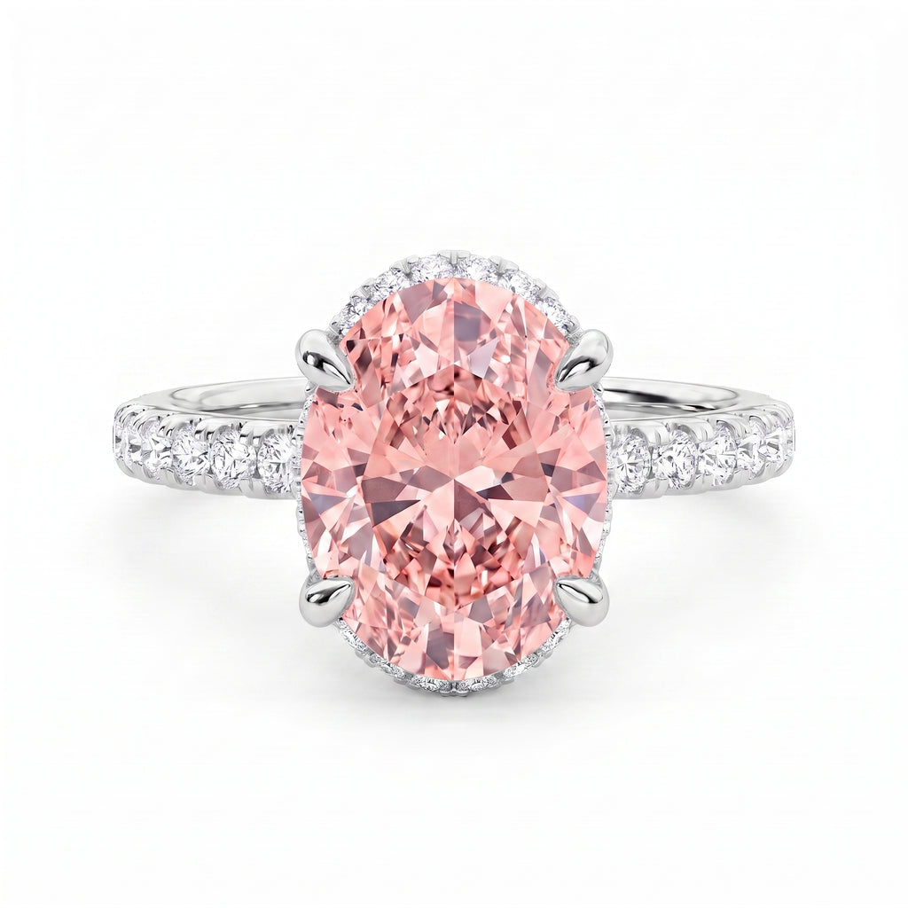 2Cttw Oval Shaped Pink Lab Grown Diamond (F/VS) Halo Accented Engagement Ring in 14K Gold