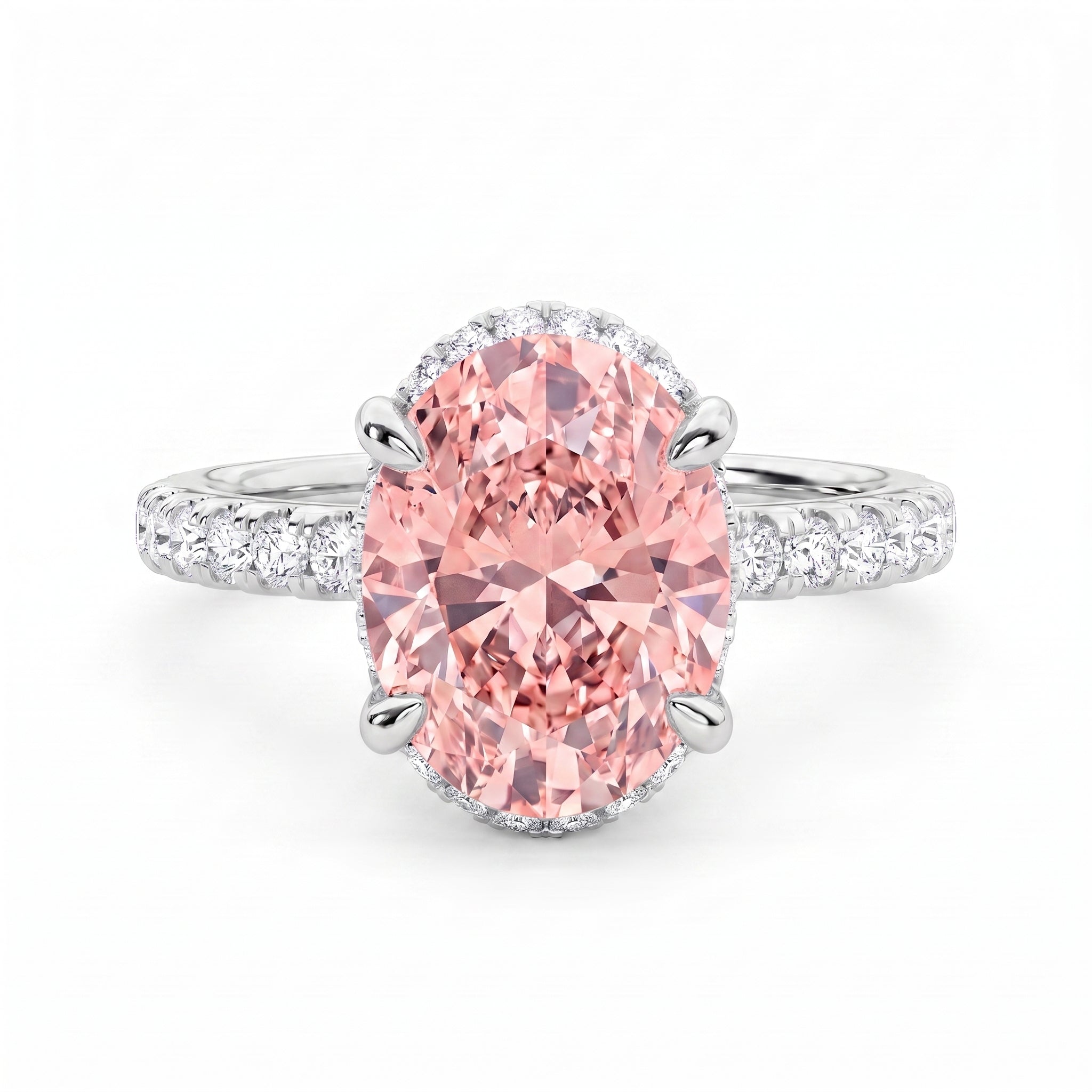 2Cttw Oval Shaped Pink Lab Grown Diamond (F/VS) Halo Accented Engagement Ring in 14K Gold