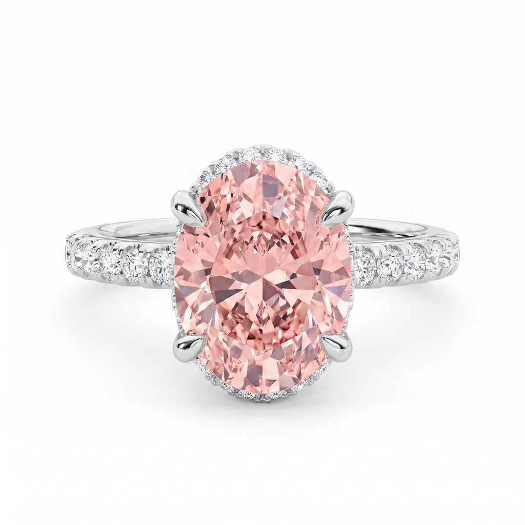 2Cttw Oval Shaped Pink Lab Grown Diamond (F/VS) Halo Accented Engagement Ring in 14K Gold