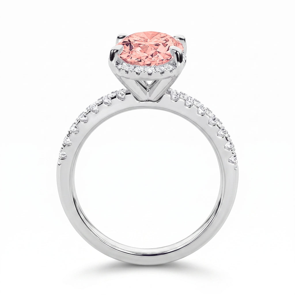 2Cttw Oval Shaped Pink Lab Grown Diamond (F/VS) Halo Accented Engagement Ring in 14K Gold