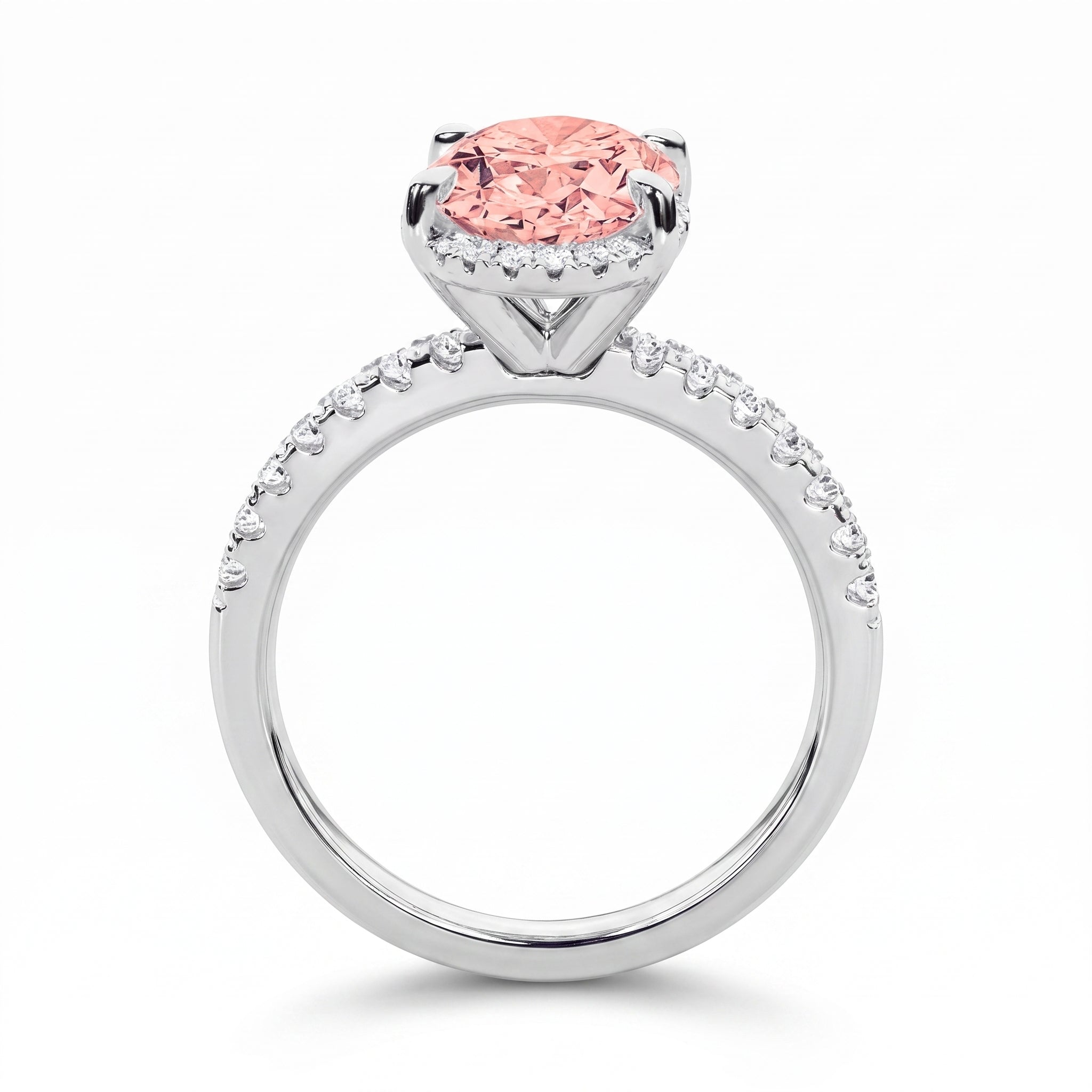 2Cttw Oval Shaped Pink Lab Grown Diamond (F/VS) Halo Accented Engagement Ring in 14K Gold