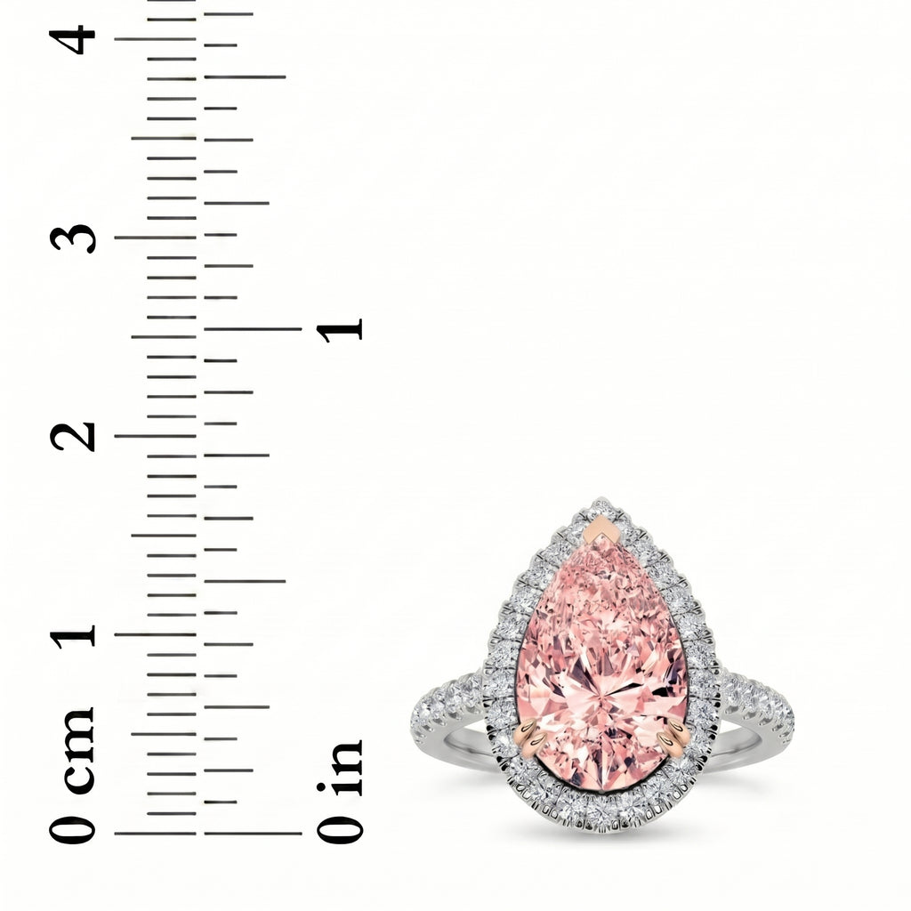 3Cttw Pear Shaped Pink Lab Grown Diamond (F/VS) Bold Accented Halo Engagement Ring in 14K Gold