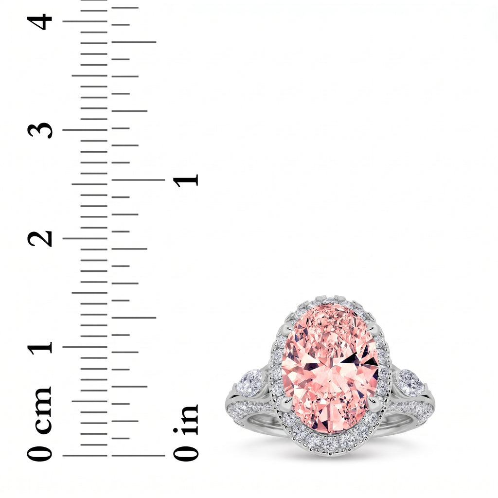 3Cttw Oval Shaped Pink Lab Grown Diamond (F/VS) Three Stone Halo Engagement Ring in 14K Gold