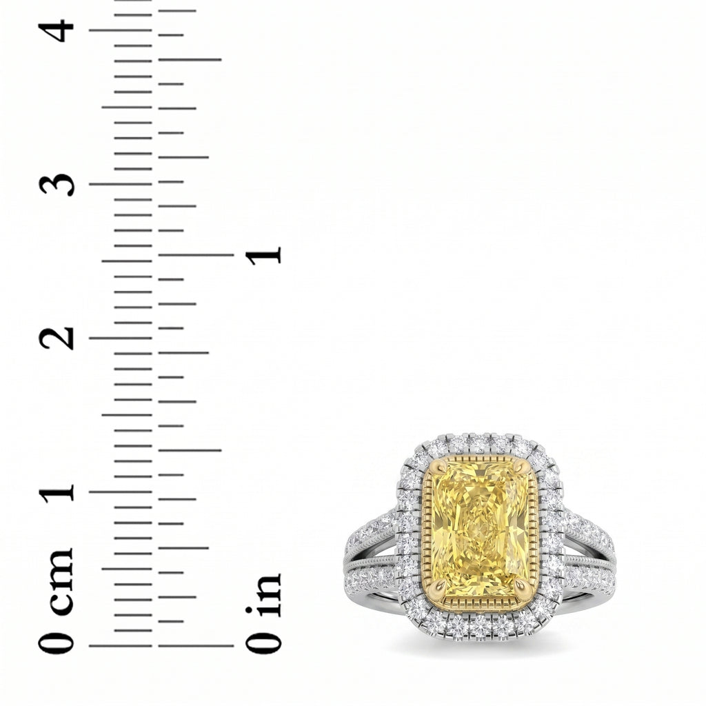 2.5Cttw Radiant Shaped Fancy Yellow Lab Grown Diamond (F/VS) Split Shank Halo Engagement Ring in 14K Gold