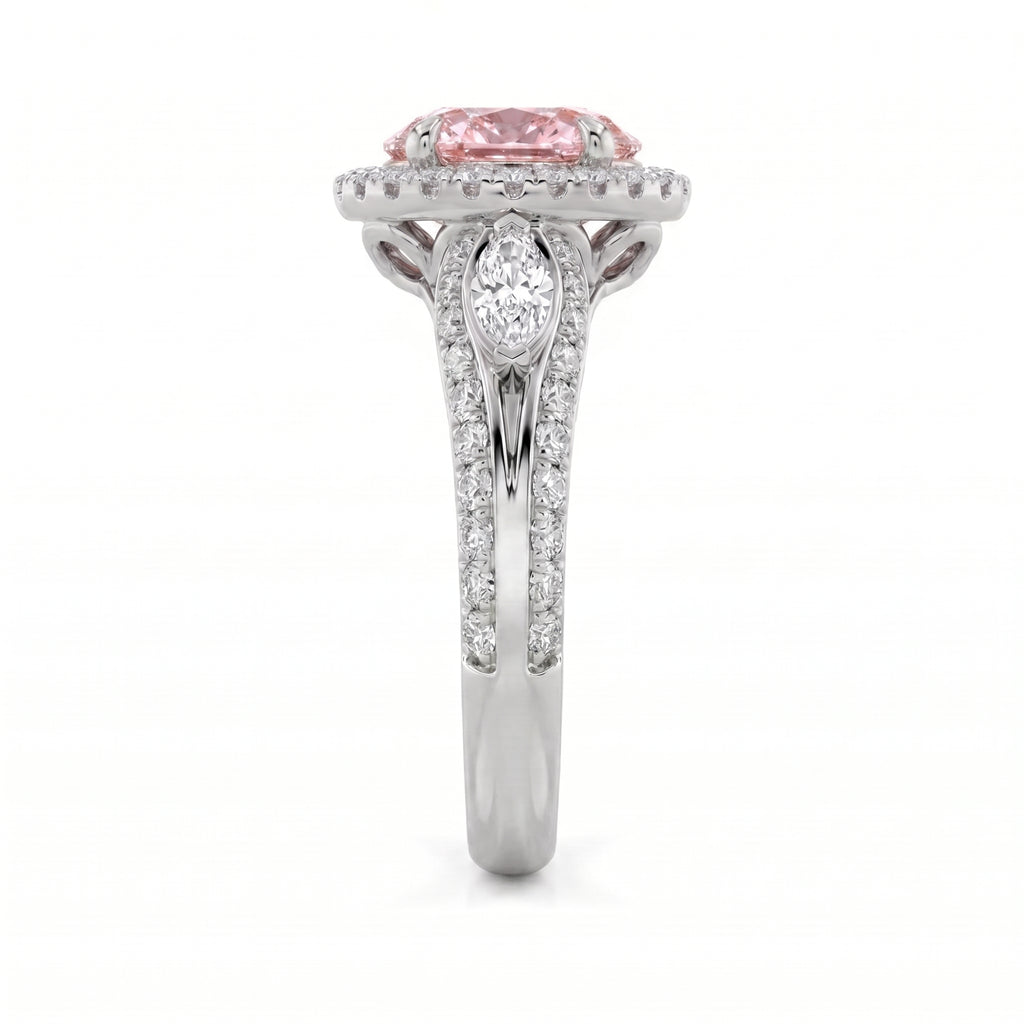 3Cttw Oval Shaped Pink Lab Grown Diamond (F/VS) Three Stone Halo Engagement Ring in 14K Gold