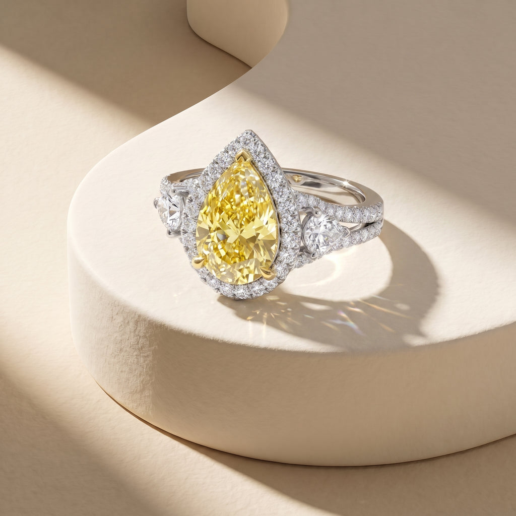 3Cttw Pear Shaped Yellow Lab Grown Diamond (F/VS) Three Stone Bold Accented Engagement Ring in 14K Gold