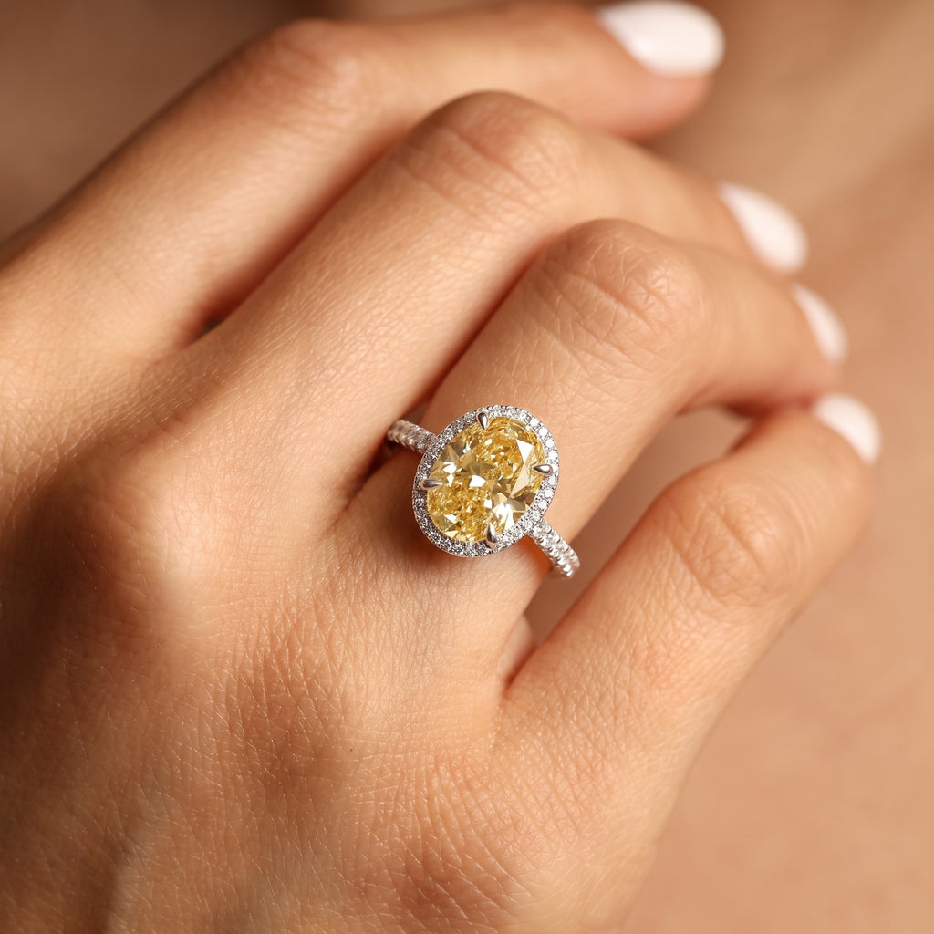 2Cttw Oval Shaped Yellow Lab Grown Diamond (F/VS) Halo Accented Engagement Ring in 14K Gold