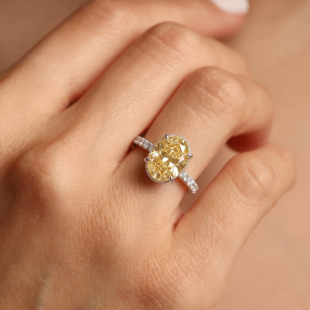 2Cttw Oval Shaped Yellow Lab Grown Diamond (F/VS) Halo Accented Engagement Ring in 14K Gold