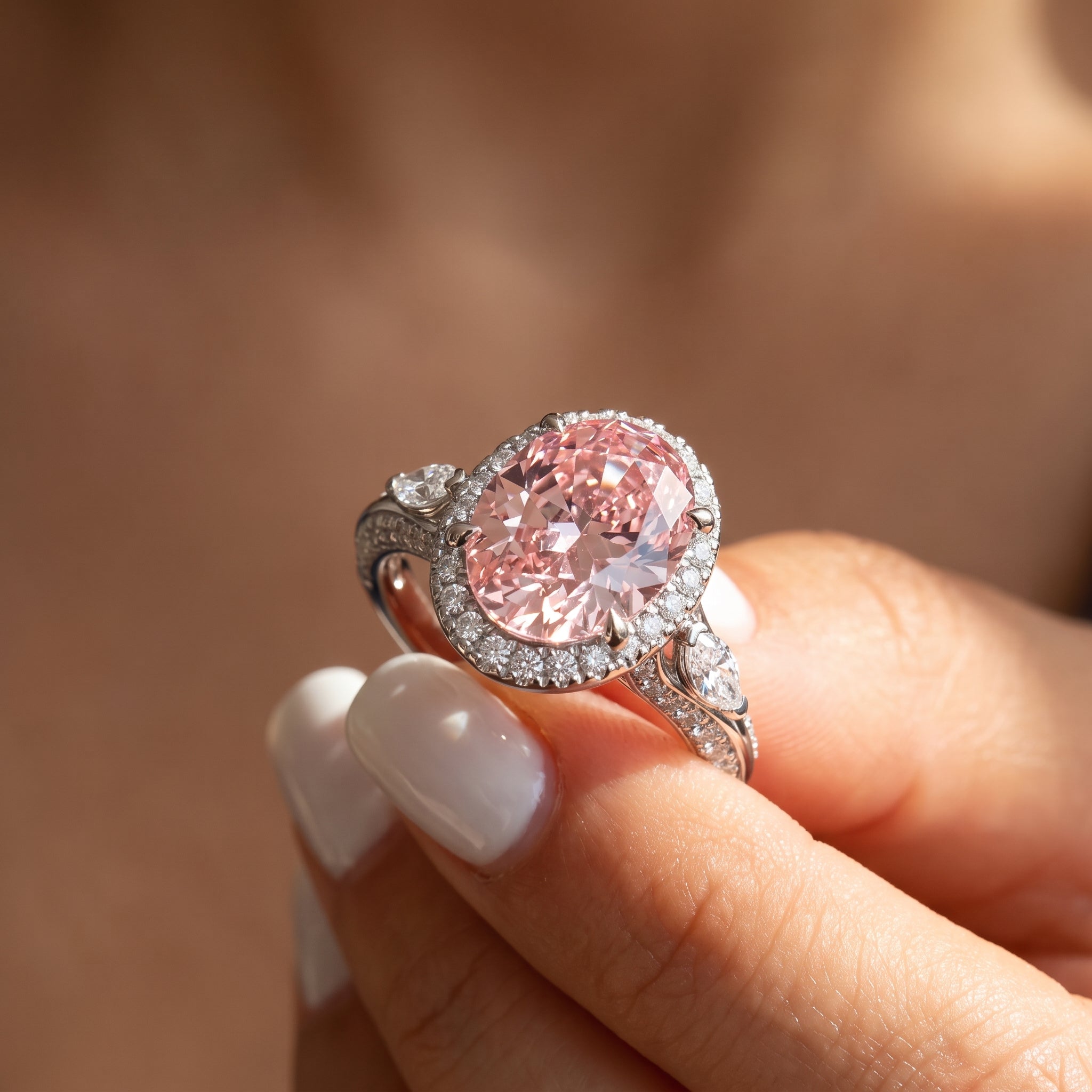 3Cttw Oval Shaped Pink Lab Grown Diamond (F/VS) Three Stone Halo Enagement Ring in 14K Gold