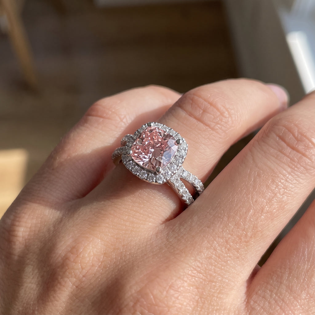 2Cttw Cushion Shaped Pink Lab Grown Diamond (F/VS) Engagement Ring in 14K Gold