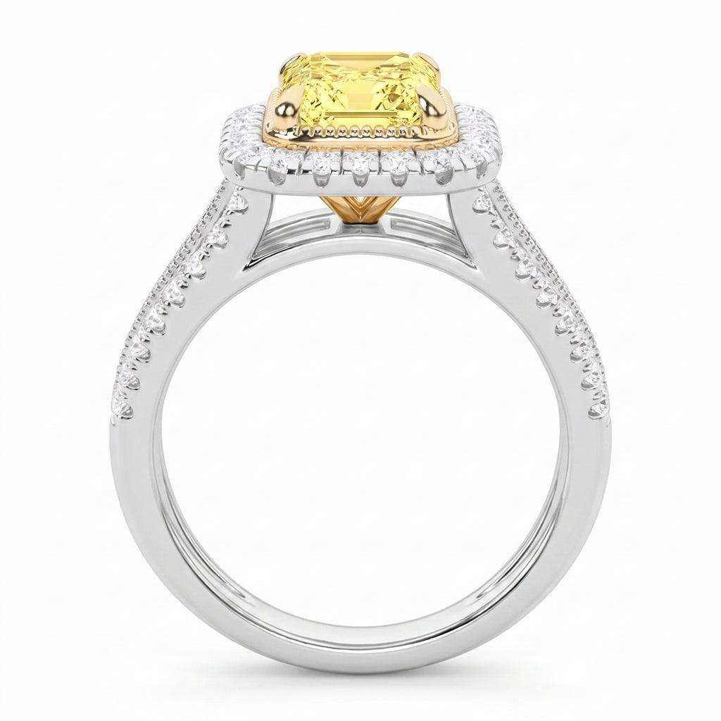 2.5Cttw Radiant Shaped Fancy Yellow Lab Grown Diamond (F/VS) Split Shank Halo Engagement Ring in 14K Gold