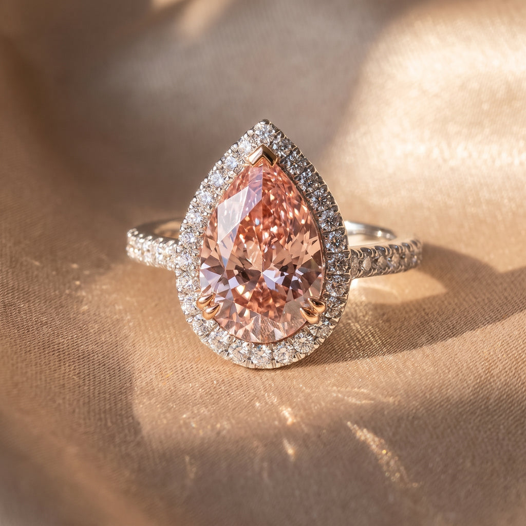 3Cttw Pear Shaped Pink Lab Grown Diamond (F/VS) Bold Accented Halo Engagement Ring in 14K Gold