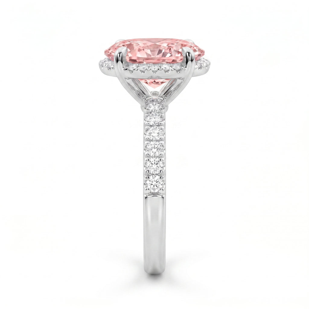 2Cttw Oval Shaped Pink Lab Grown Diamond (F/VS) Halo Accented Engagement Ring in 14K Gold