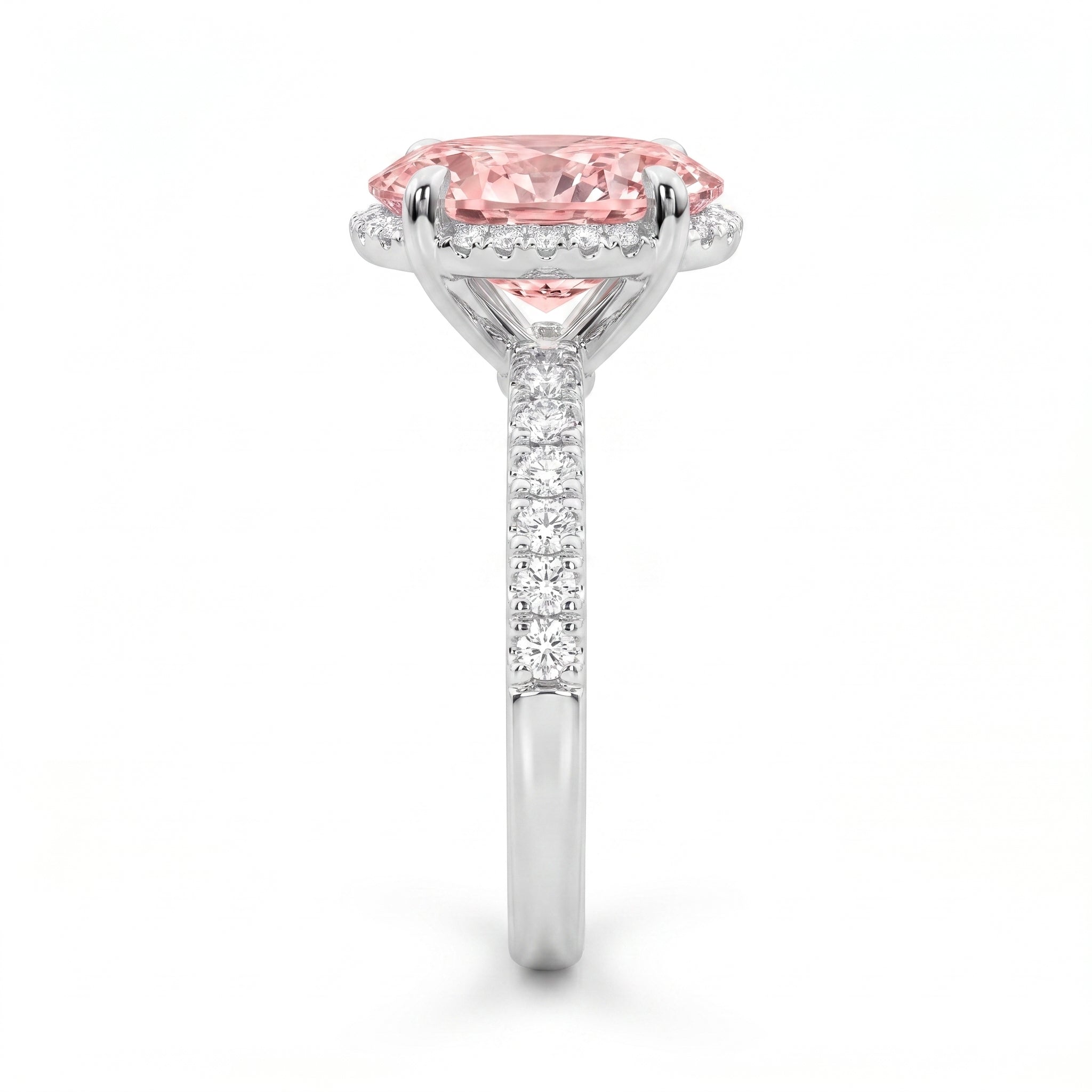 2Cttw Oval Shaped Pink Lab Grown Diamond (F/VS) Halo Accented Engagement Ring in 14K Gold