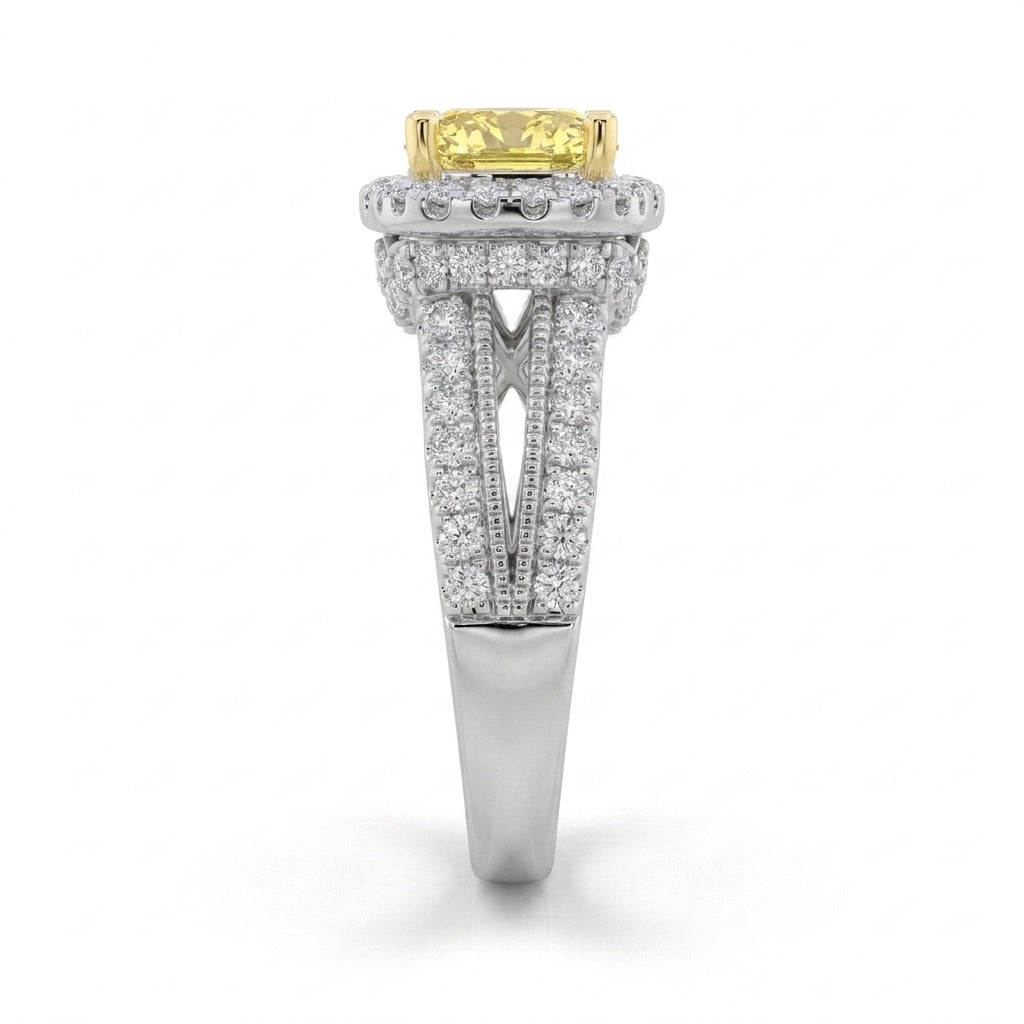 2.5Cttw Radiant Shaped Fancy Yellow Lab Grown Diamond (F/VS) Split Shank Halo Engagement Ring in 14K Gold