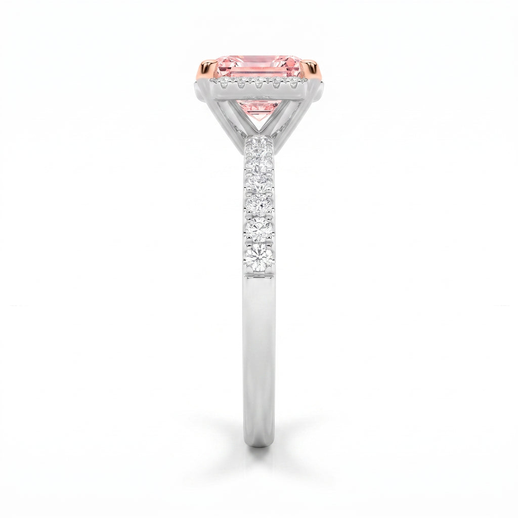 2Cttw Emerald Shaped Pink Lab Grown Diamond (F/VS) Halo Accented Engagement Ring in 14K Gold