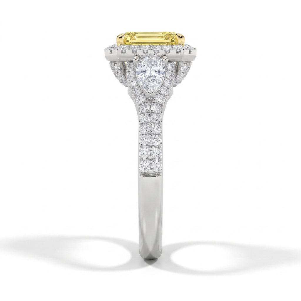 3Cttw Radiant Shaped Yellow Lab Grown Diamond (F/VS) Accented Three Stone Engagement Ring in 14K Gold