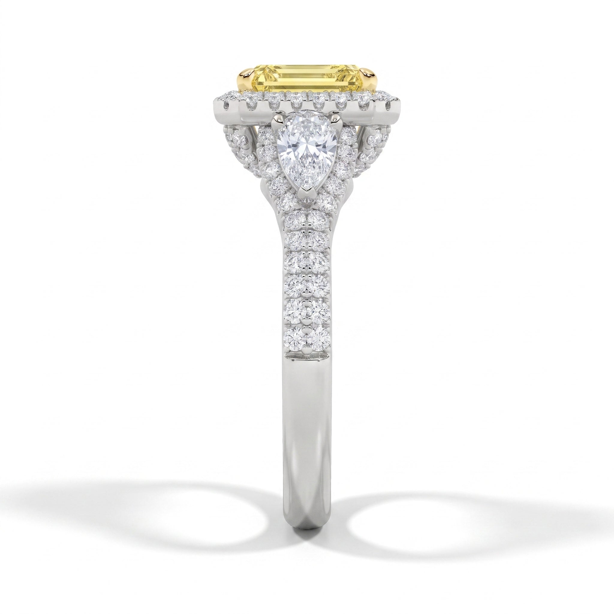 3Cttw Radiant Shaped Yellow Lab Grown Diamond (F/VS) Accented Three Stone Engagement Ring in 14K Gold
